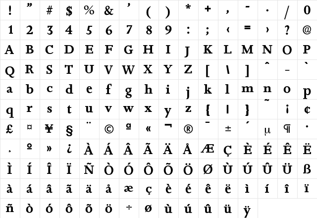 Jessica-Bold Regular  glyph index