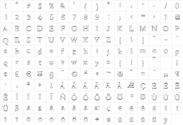 BelfastOutline-Medium Regular  glyph index