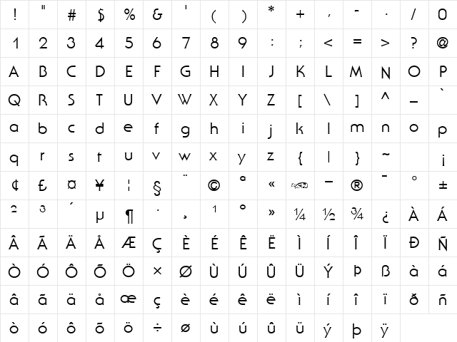 Staid Gothic Regular  glyph index