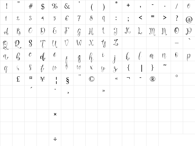 Queeny Regular  glyph index