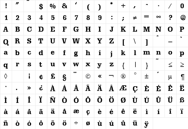 Schadow Bold  glyph index