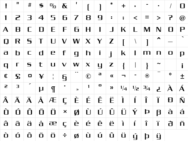 Dungeon Regular  glyph index