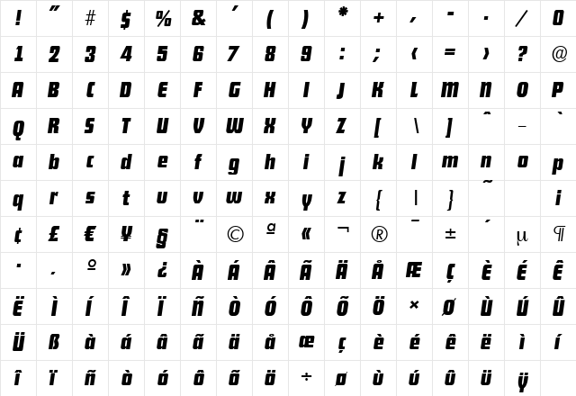 DekoDisplaySerial BoldItalic  glyph index