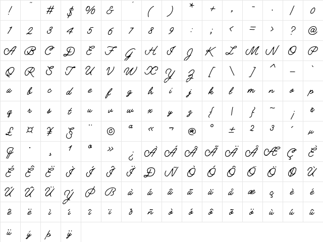 Jimmy Script Regular  glyph index
