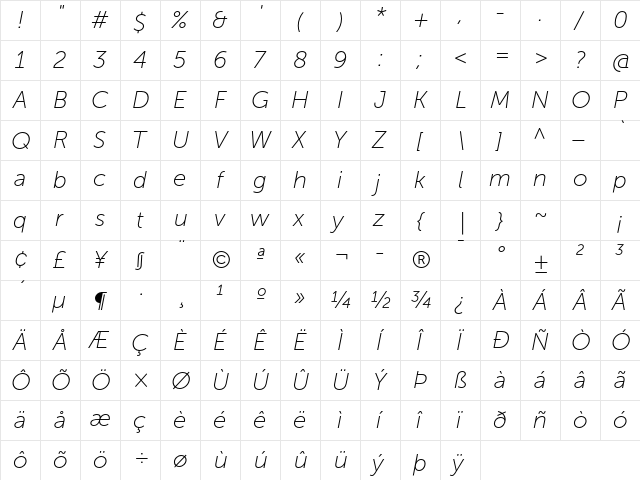 Museo Sans 100 Italic  glyph index