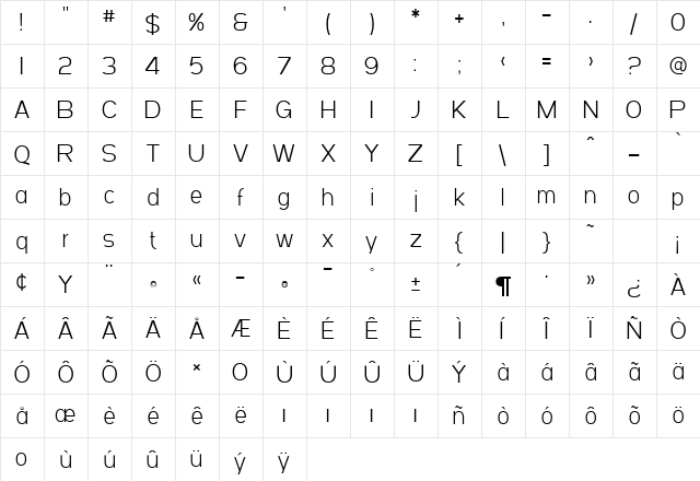 SF Arborcrest Light Regular  glyph index