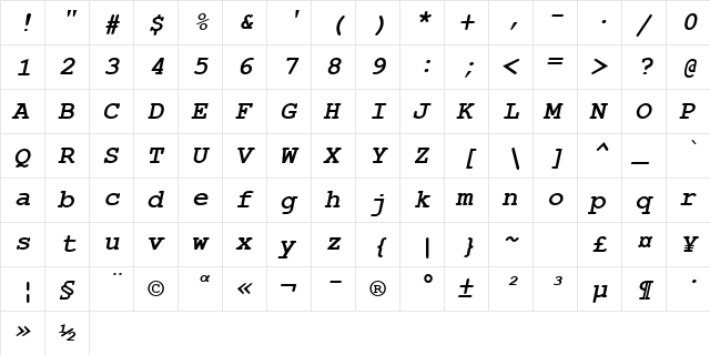 Courier New Greek Bold Inclined  glyph index