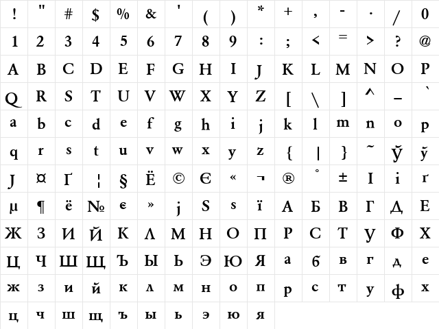 AZGaramondCTT Bold  glyph index
