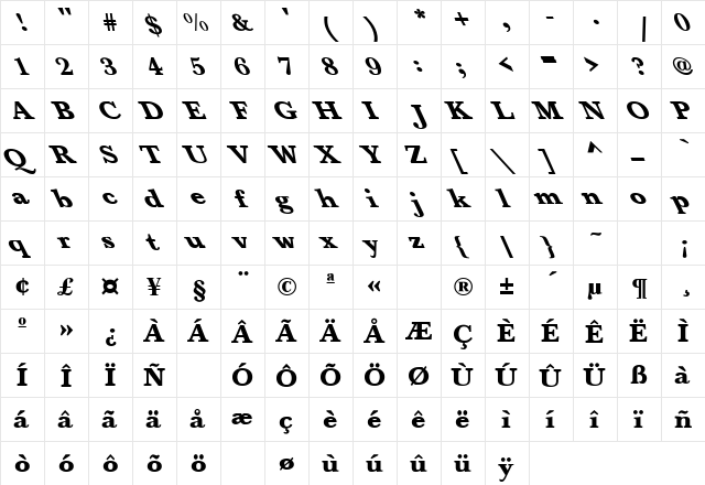 Baskerville-Bold Extreme Lefty Regular  glyph index