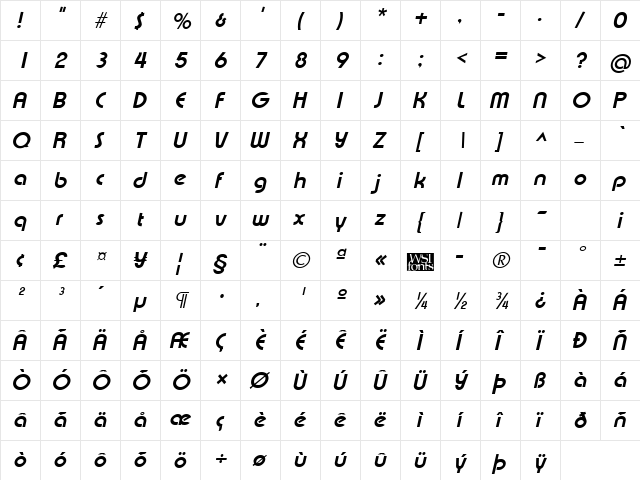 Xpressive Bold Italic  glyph index