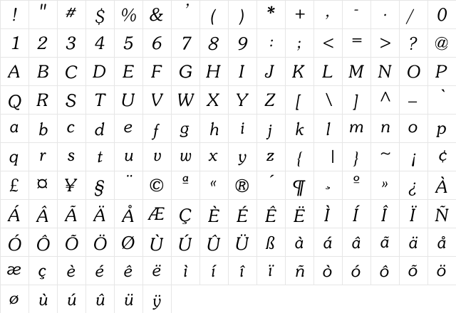 Souvenir-Light-Italic Regular  glyph index