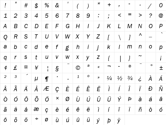 ITC Franklin Gothic LT Com Book Italic  glyph index