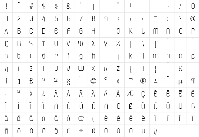 Pasadena-Xlight Regular  glyph index