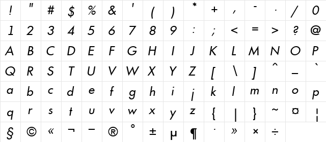 a_Futurica Italic  glyph index