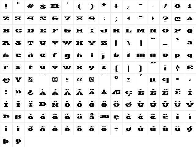 Azteca Regular  glyph index