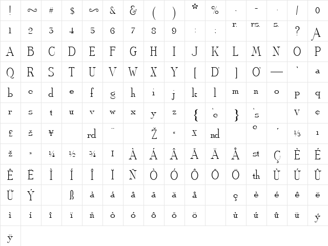 Solid Antique Roman Regular  glyph index