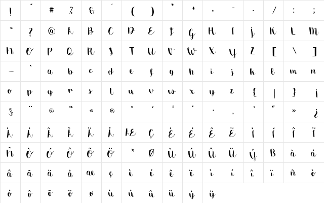 Emily The Brush Demo Regular  glyph index