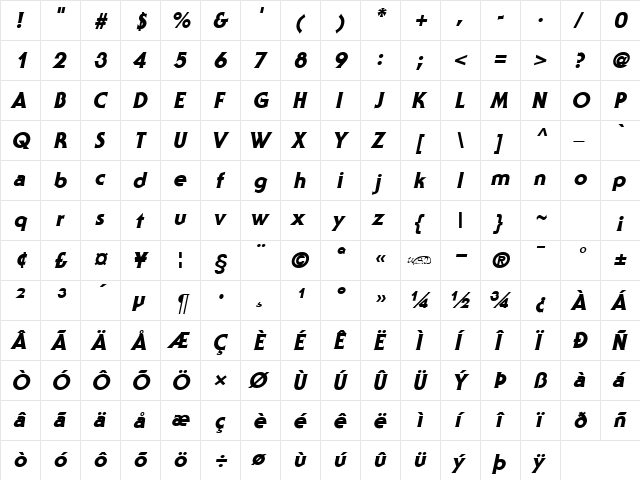 Staid Gothic Heavy Italic  glyph index