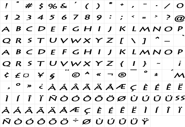 Liste Extended Bold Italic  glyph index