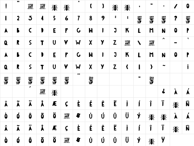 Sister Ant Regular  glyph index