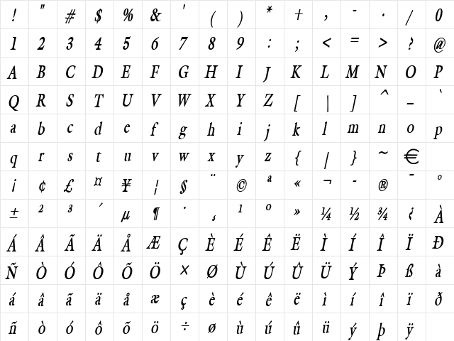 GalantCondensed BoldItalic  glyph index