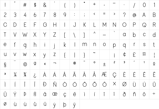 Viminalis Regular  glyph index