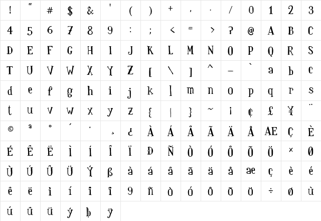 Paqui Regular  glyph index