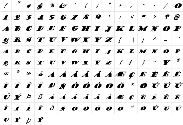 FZ JAZZY 38 ITALIC Normal  glyph index
