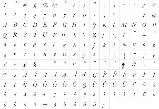 CaslonZH-Italic Regular  glyph index