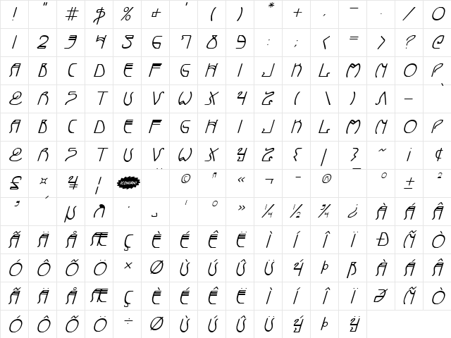 Coyote Deco Italic Italic  glyph index