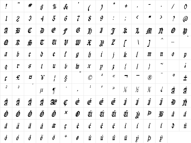 Manuscript-Condensed Italic  glyph index
