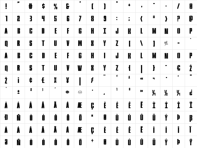 Rumble Tumble Condensed Condensed  glyph index