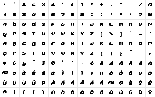 Fighter Pilot Regular  glyph index