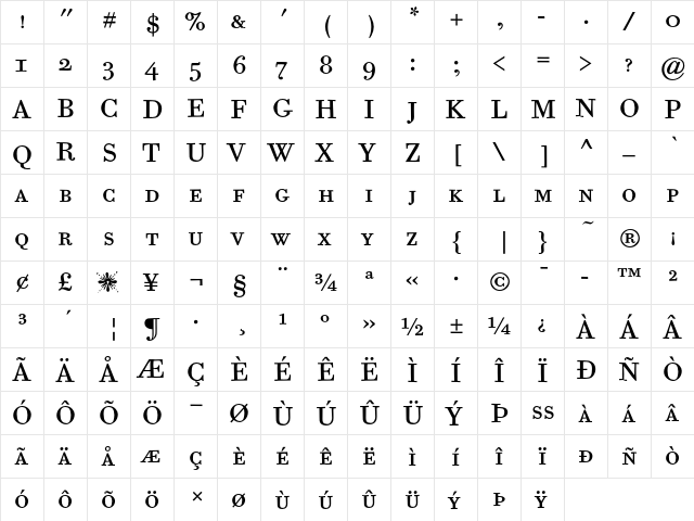 Bodoni Six ITC Book SC  glyph index