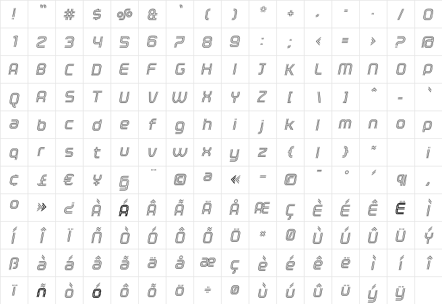 ClickRegular Oblique Regular  glyph index