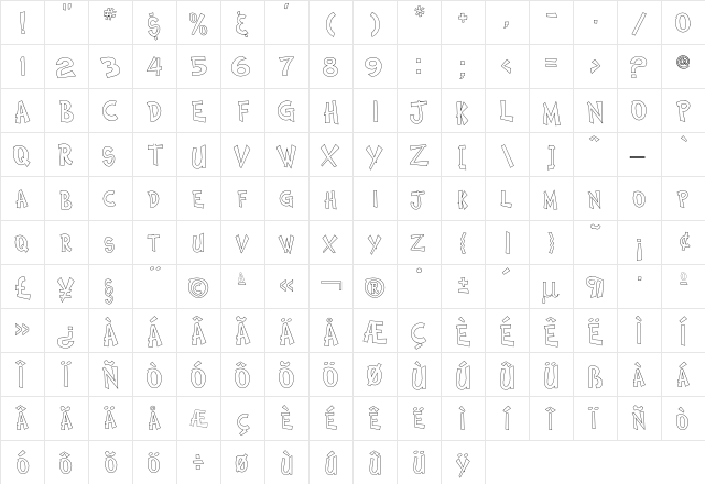 Comic BookTwoOutline  glyph index