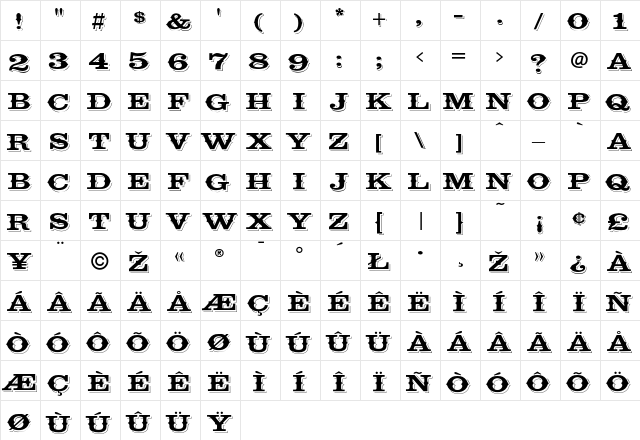 Cavalcade Regular  glyph index