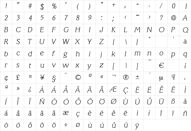 Veracruz-XlightIta Regular  glyph index