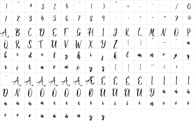 Ballada Regular  glyph index