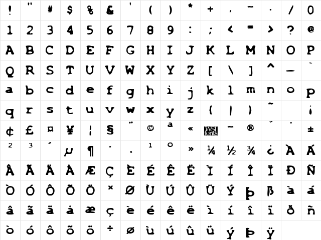 Bleached Bold  glyph index