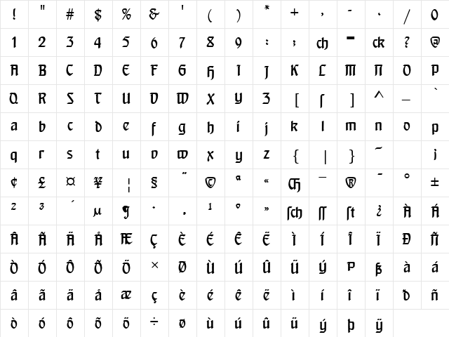 Behrensschrift Regular  glyph index