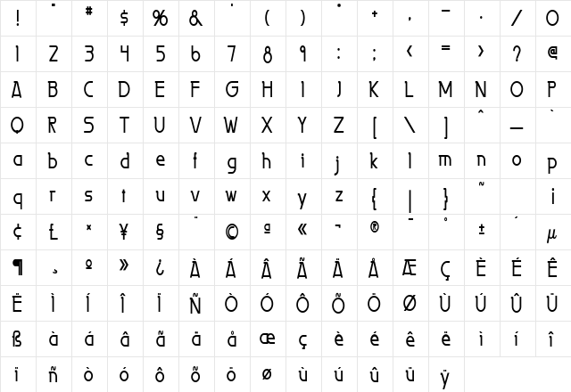 Persia Thin Bold  glyph index