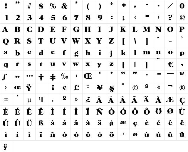 Horsham-Bold Regular  glyph index