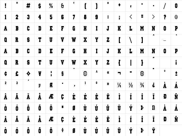 IvyLeagueCondensedSolid Regular  glyph index
