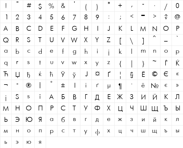 FuturaFuturisLightC Regular  glyph index