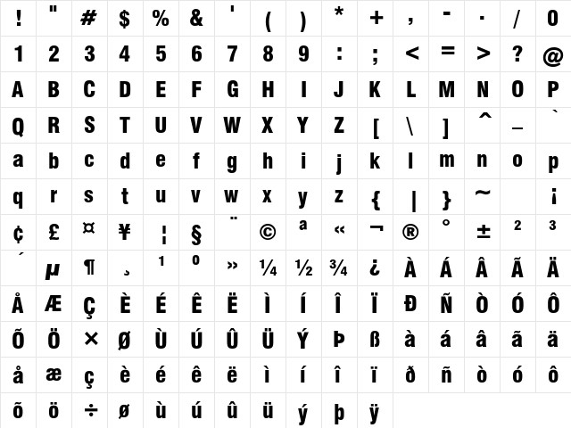 HalvettBlackCond Regular  glyph index