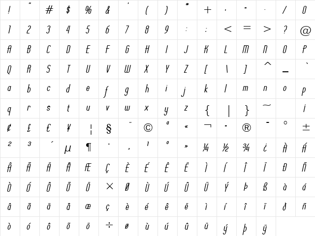 Operator Nine BTN BoldOblique  glyph index