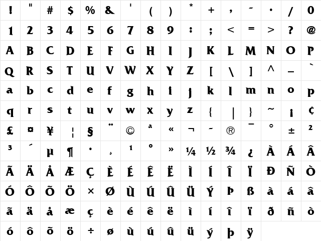 FrizQuadrata LT Bold  glyph index