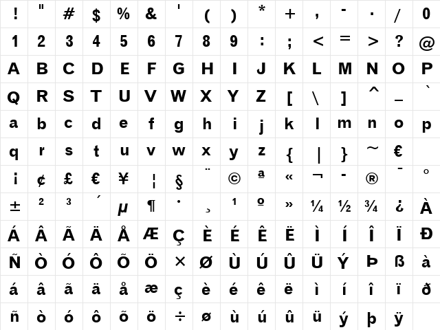 Gothic720 BT Bold  glyph index