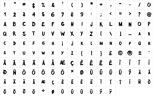 badboy cre Regular  glyph index